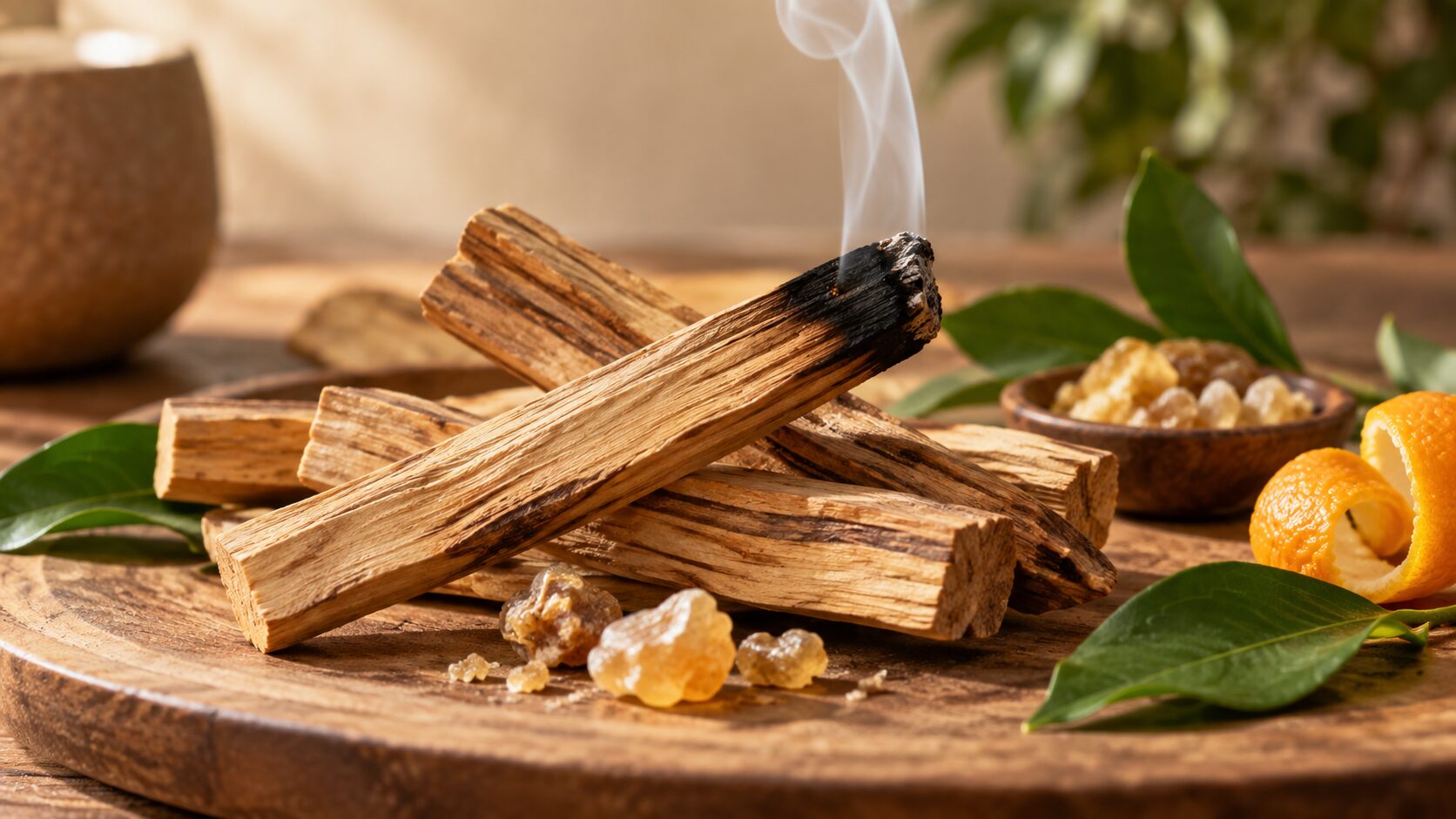 Madera de palo santo con humo y notas cítricas que representan su aroma