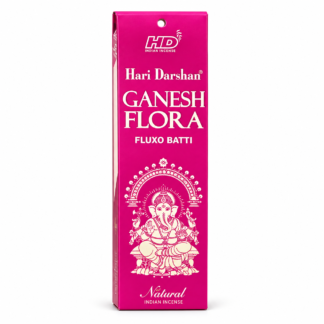 Sahumerio Hari Darshan Ganesh Flora Fluxo Batti 25 g, caja fucsia de incienso indio sobre fondo blanco.