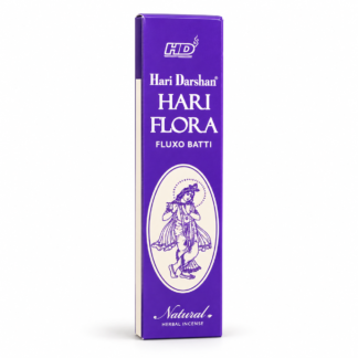 Sahumerio Hari Darshan Hari Flora Fluxo Batti 25 g, caja violeta de incienso herbal indio sobre fondo blanco.